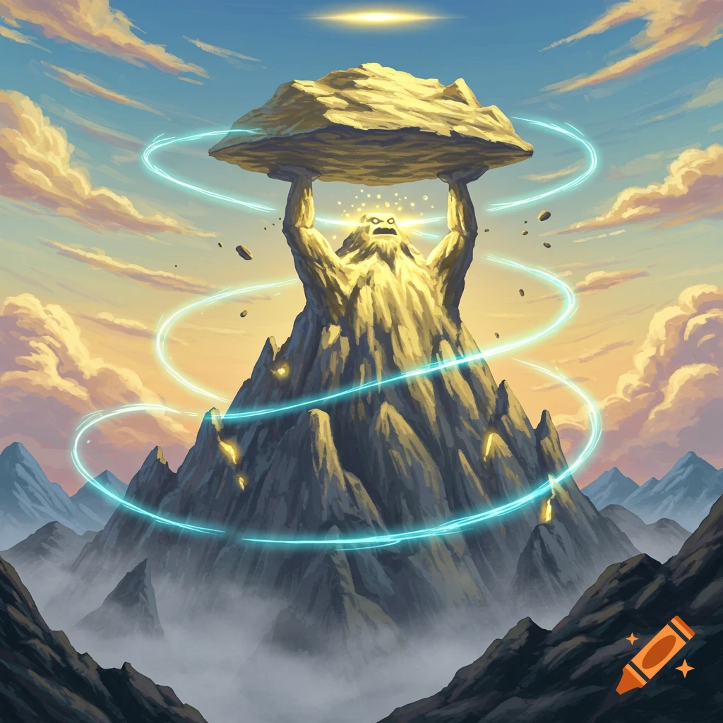 A powerful mountain figure lifts a large rock, surrounded by glowing blue energy rings, under a dramatic sunset sky with clouds.