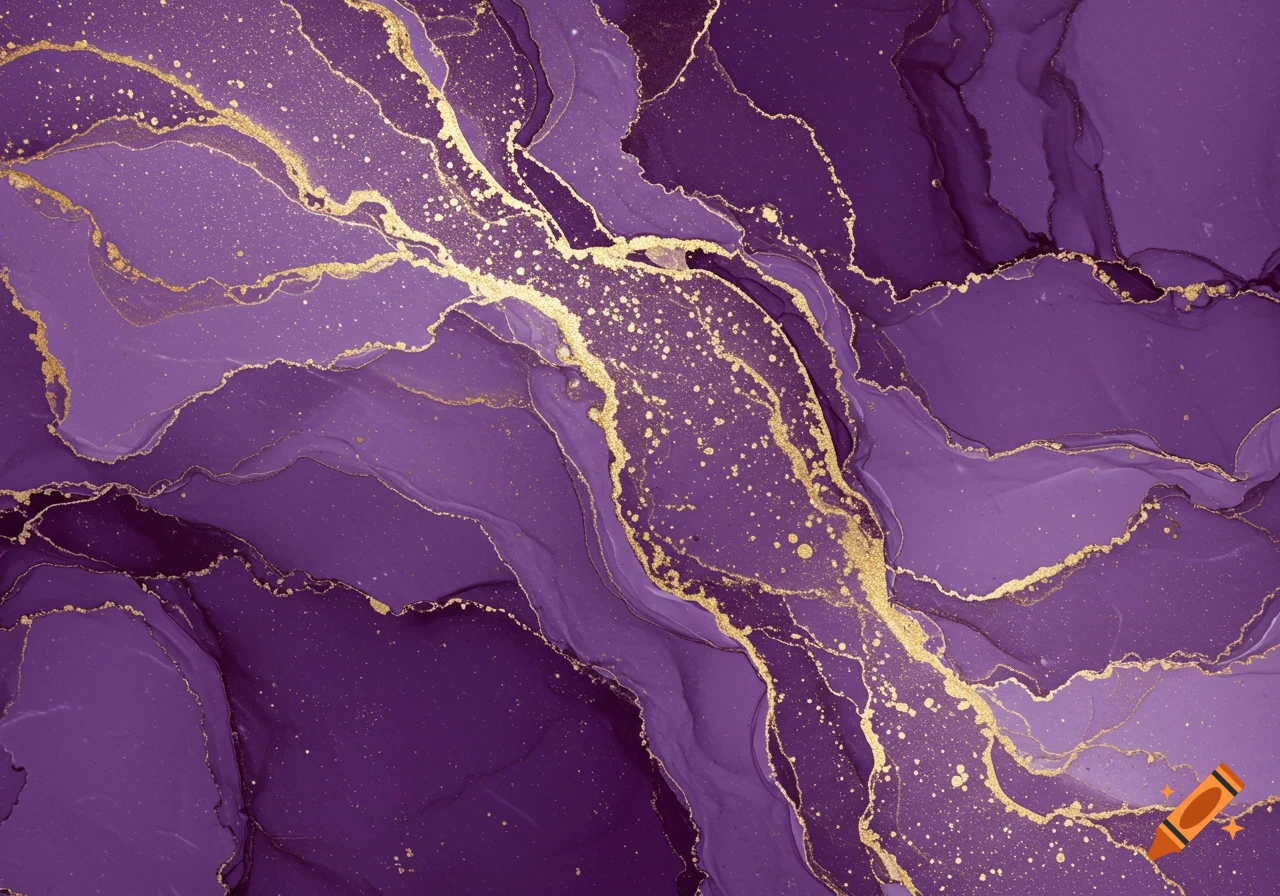 Abstract purple and gold marble swirl pattern with shimmering gold accents.