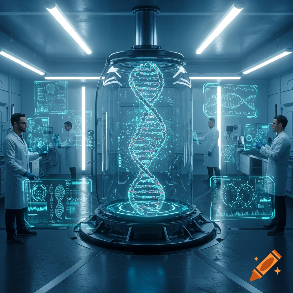 Futuristic laboratory with scientists examining a glowing DNA helix in a large transparent containment unit, surrounded by holographic data screens.