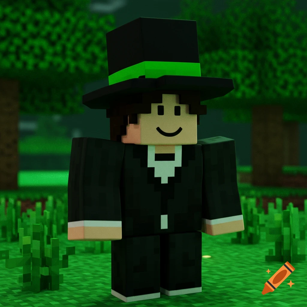 A blocky video game character in a black suit and green-banded top hat stands in a pixelated forest.
