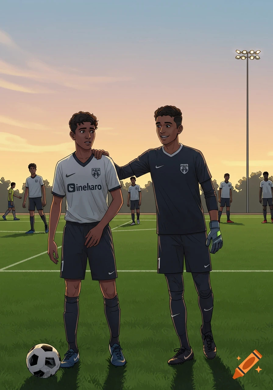 Two young men in soccer uniforms stand on a soccer field during sunset. One, the goalkeeper, puts his arm around the other, who holds a soccer ball.