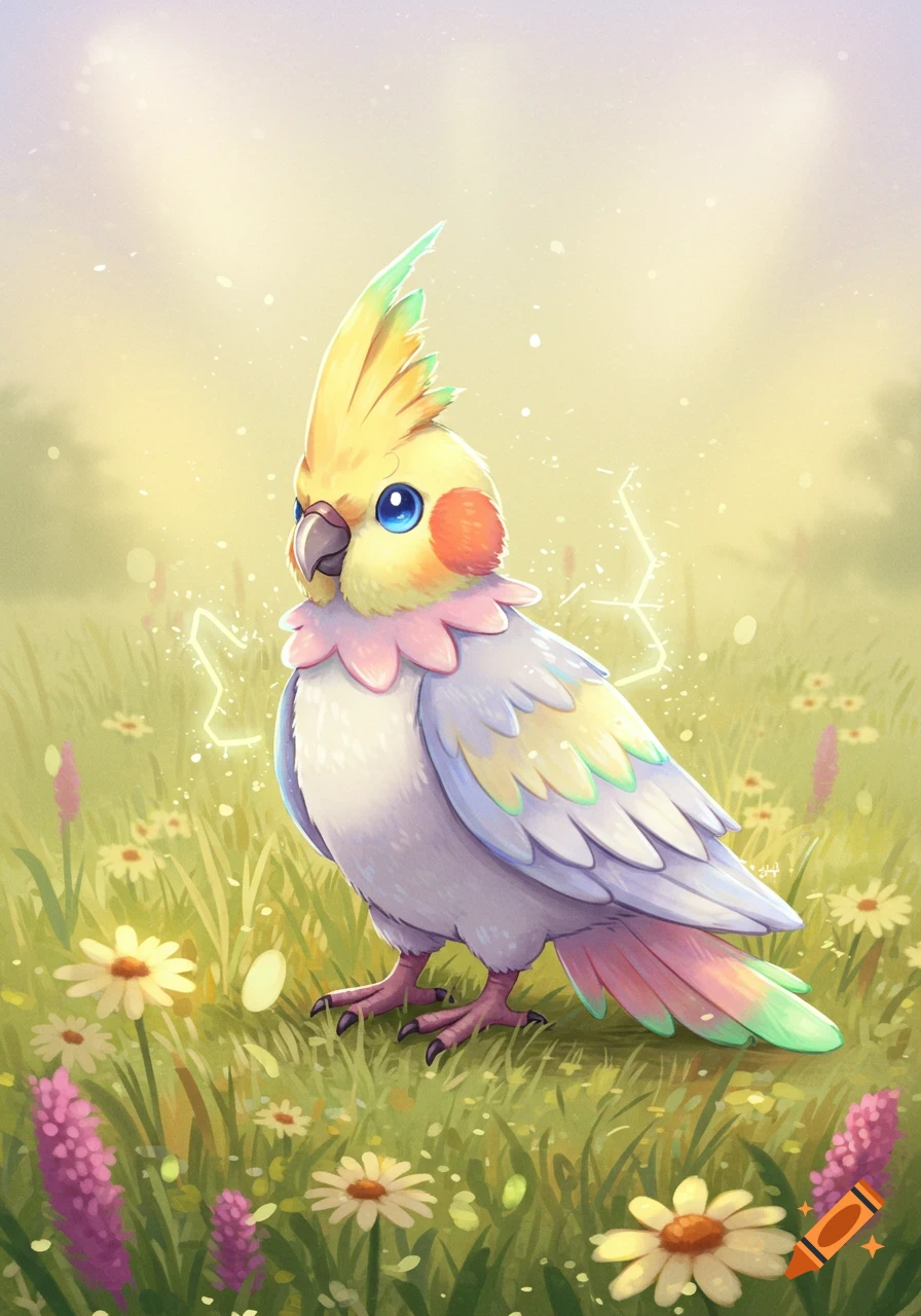 A colorful, stylized cockatiel-like bird with blue eyes and a yellow crest stands in a vibrant green field with white and purple flowers under a soft, sunny sky.