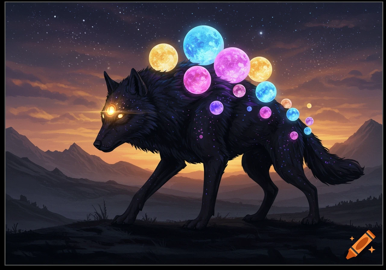 A black wolf-like creature with glowing yellow eyes and colorful orbs covering its body walks across a dark landscape under a starry, sunset sky.