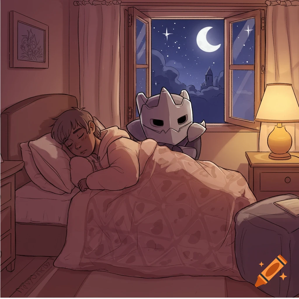 Cartoon of a person sleeping in a cozy bedroom with Evolution Knight looking out the window at a starry night and moon.