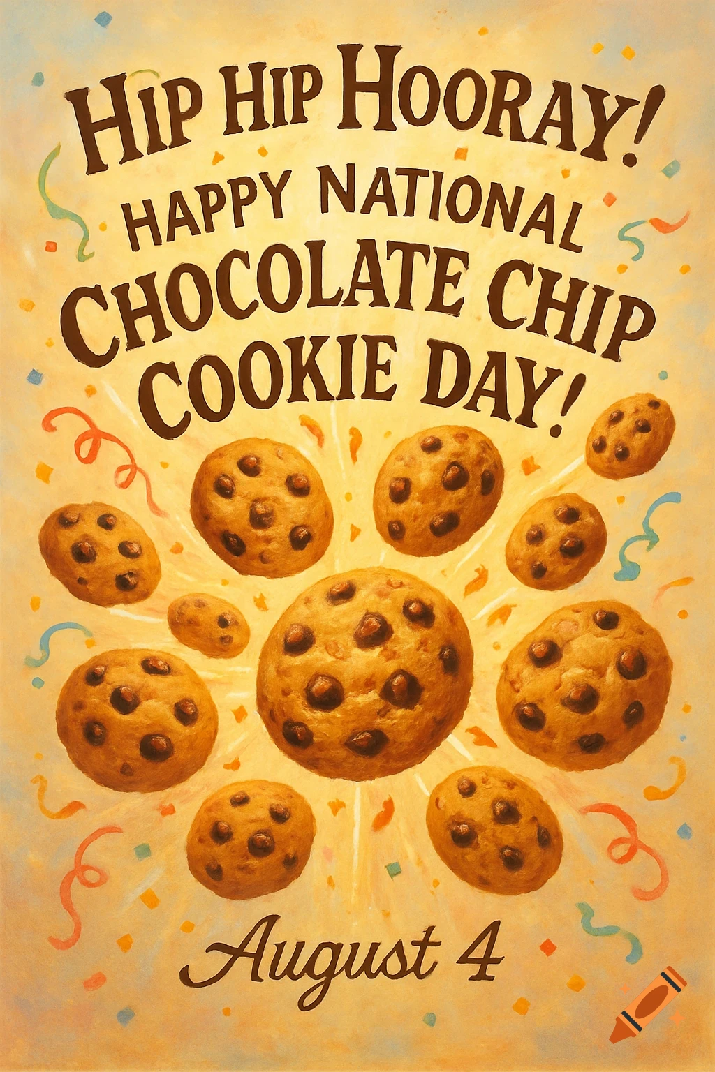 Illustrated poster celebrating National Chocolate Chip Cookie Day on August 4, featuring multiple chocolate chip cookies and confetti.