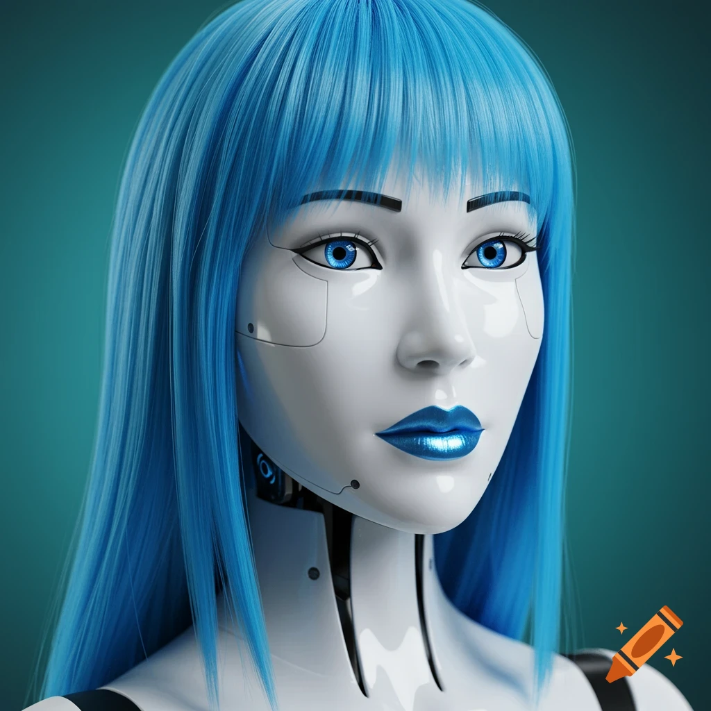 Close-up portrait of a robot woman with white skin, glowing blue eyes, long blue hair, and metallic blue lipstick.