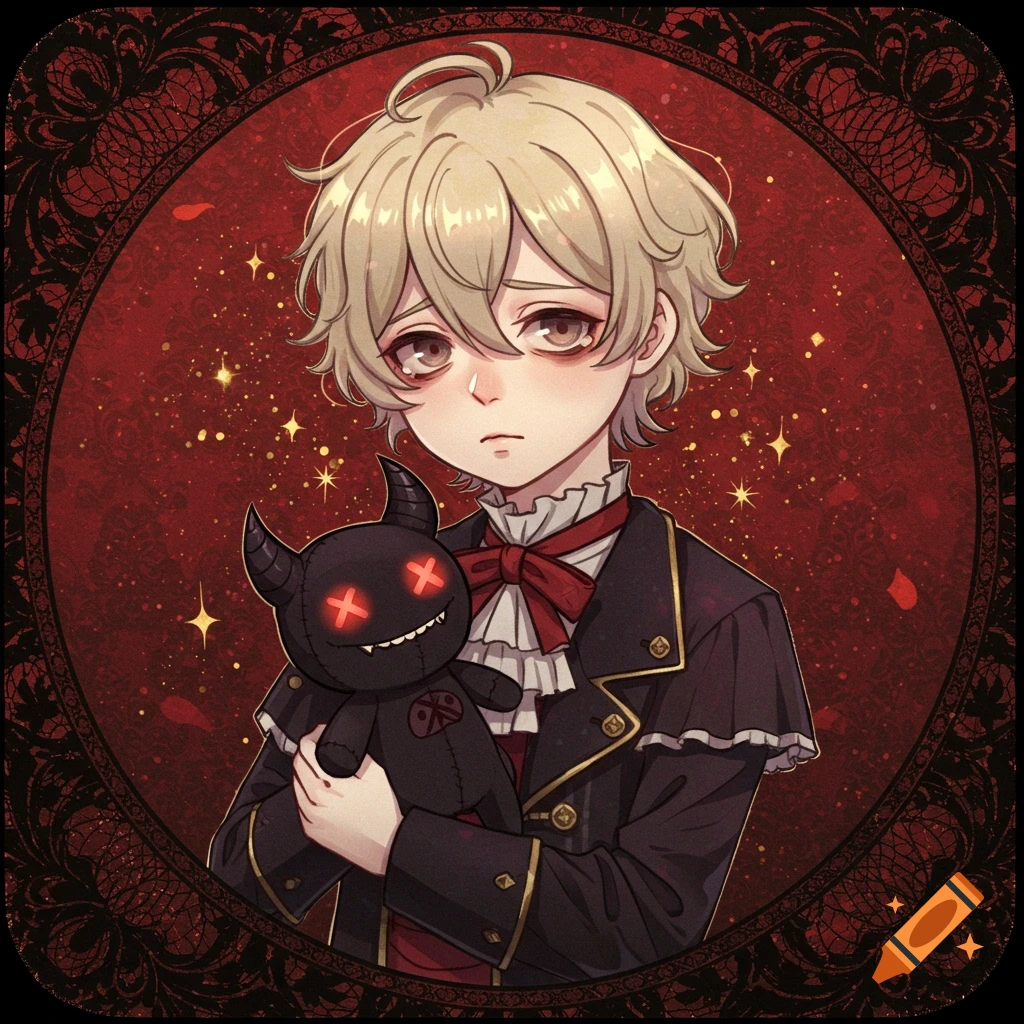 Melancholic anime boy with blond hair holds a black demon plush in a gothic style portrait with a red background and lace frame.