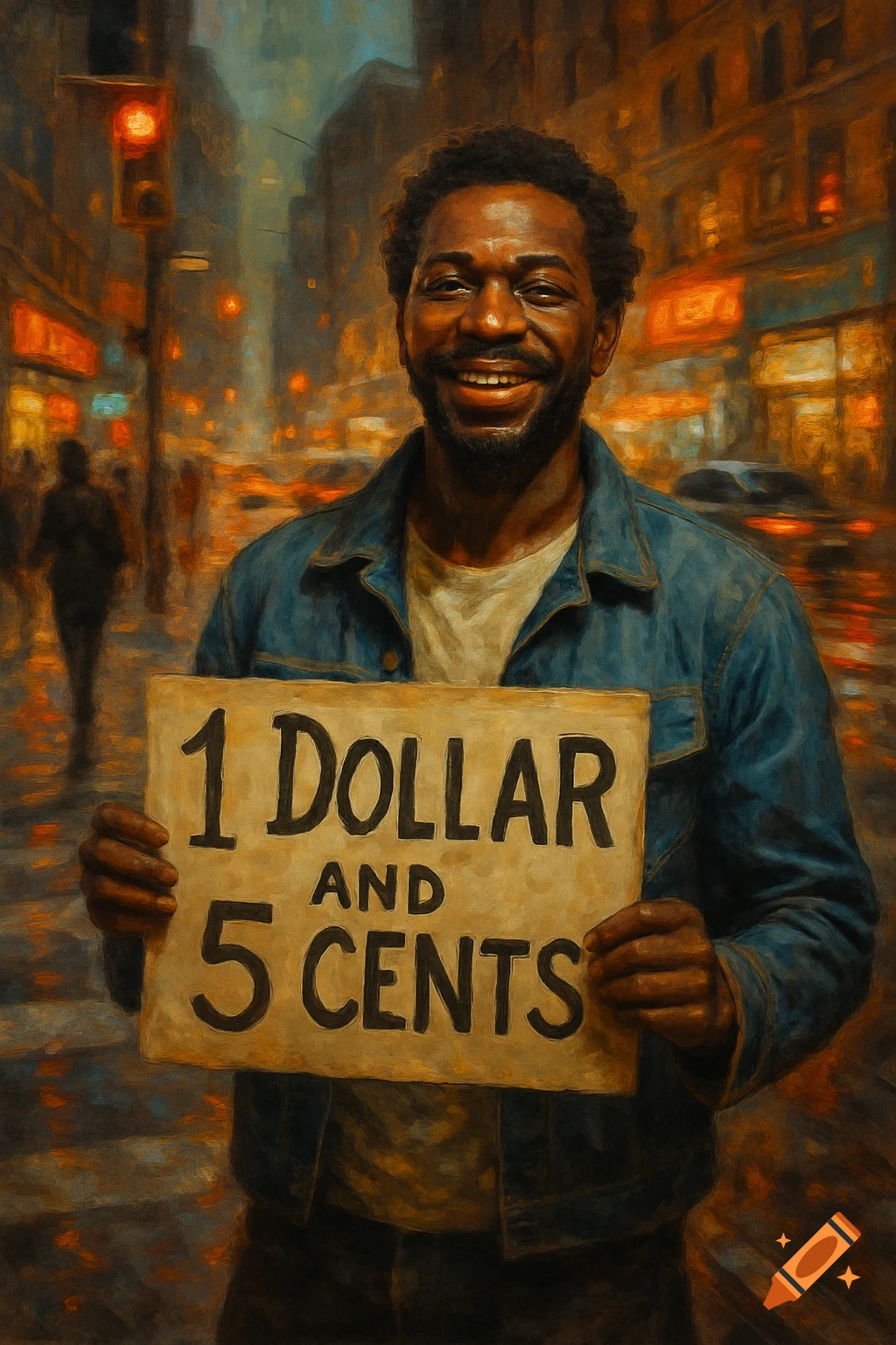 A smiling man holding a sign that reads "1 Dollar and 5 Cents" stands on a city street at night in an oil painting style.