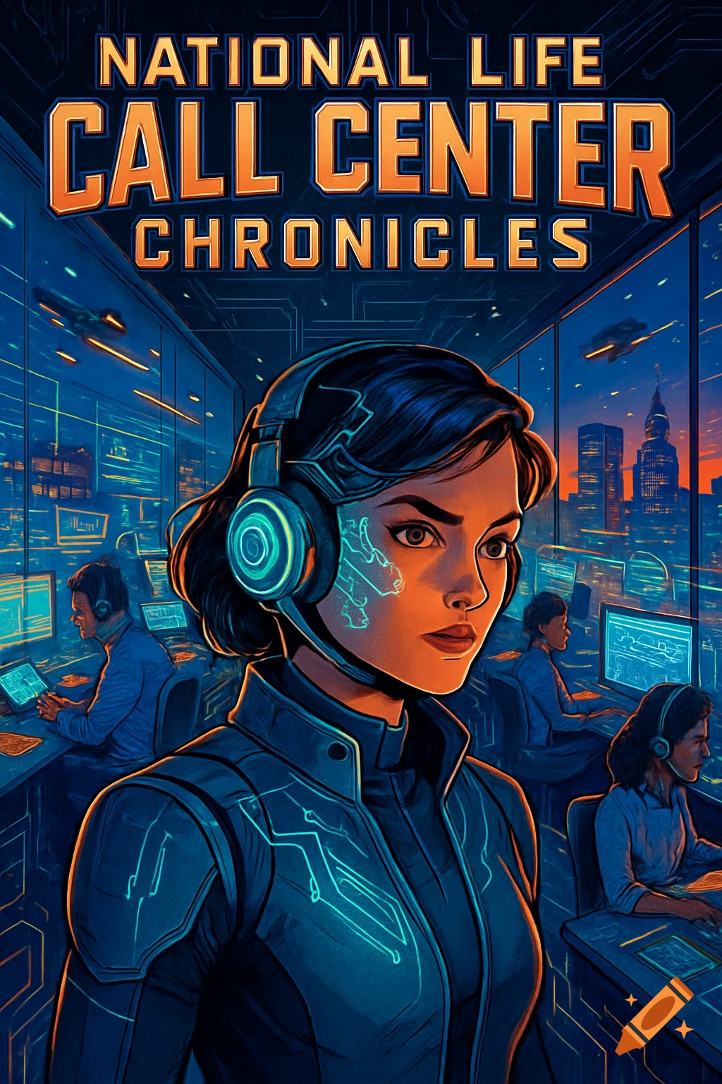 A woman with glowing headphones in a futuristic call center, city skyline at dusk outside. Comic book style. Text: National Life Call Center Chronicles.