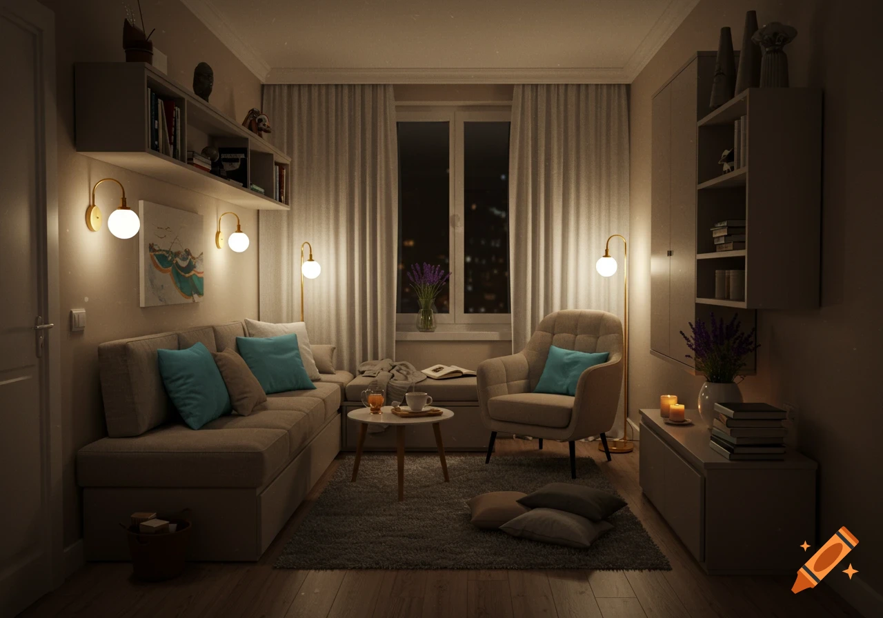 Cozy, dimly lit living room with warm wall sconces and floor lamps, a sofa, armchair, and a window view at night.