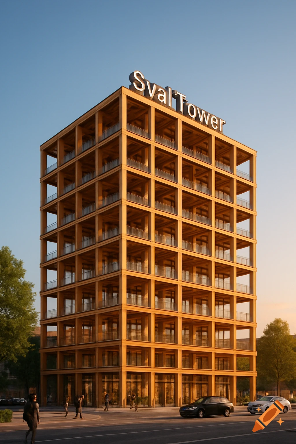 Photorealistic image of a modern mass timber building with a 'SvalT Tower' sign, bathed in golden hour light.