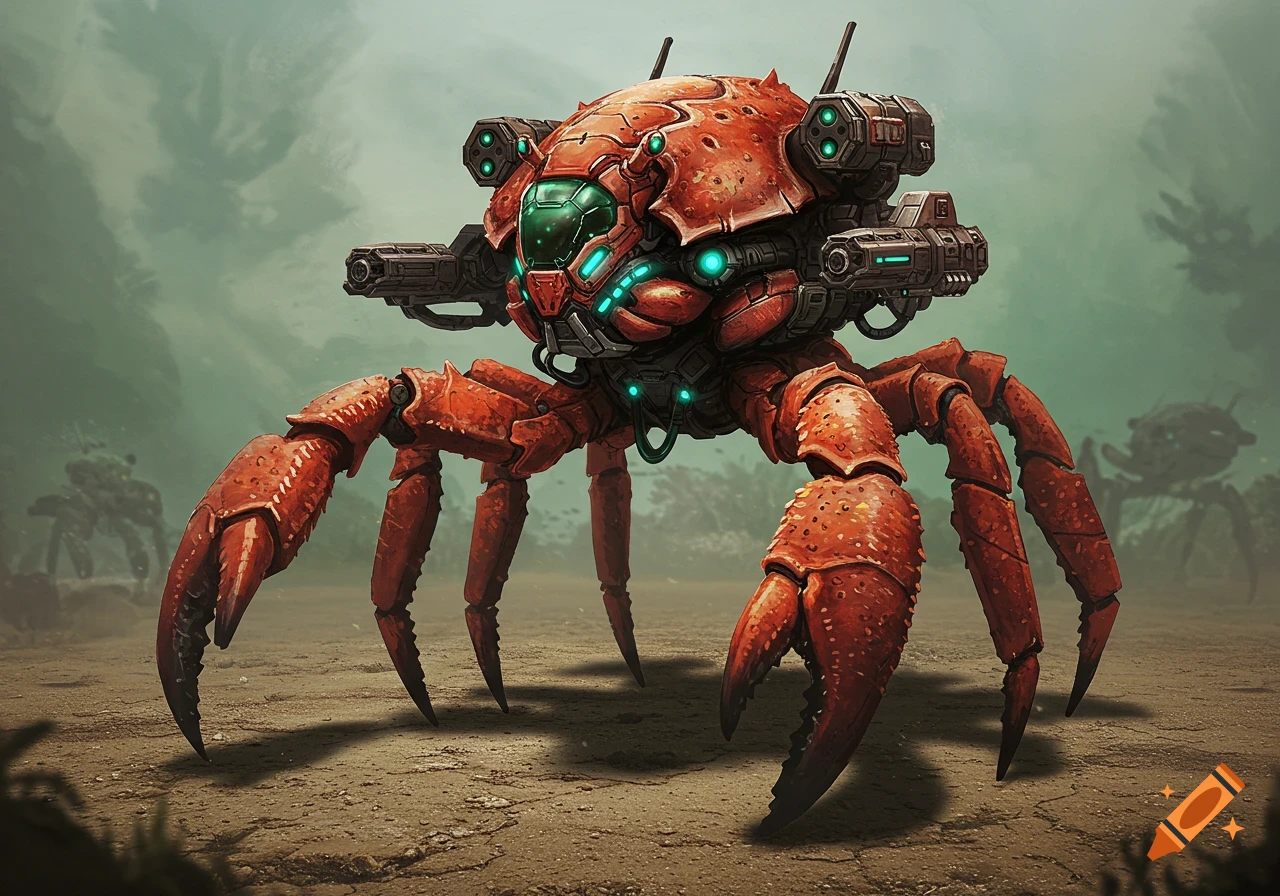 A detailed red crab-like mech with teal glowing lights and weapons stands on barren ground; other mechs in hazy background.