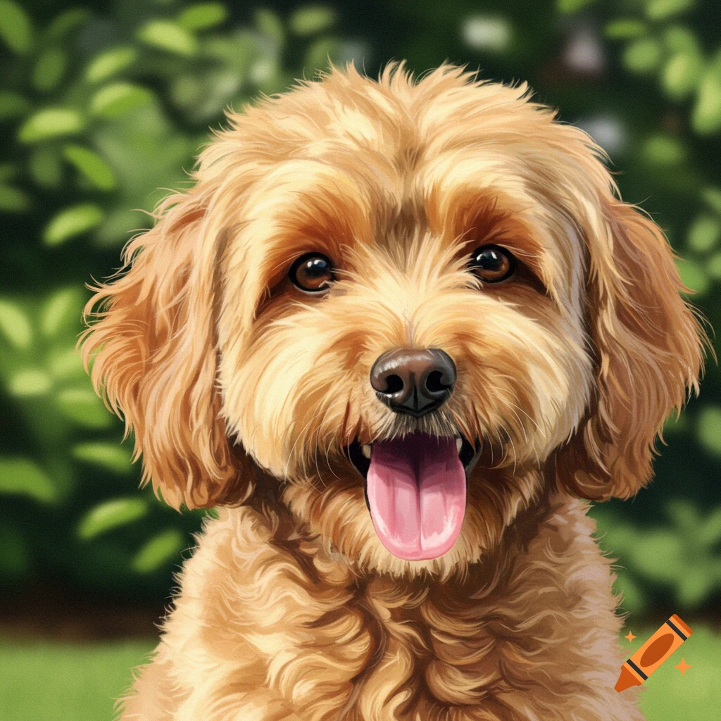 A photorealistic close-up of a smiling golden doodle with its tongue out, set against a green, leafy background.