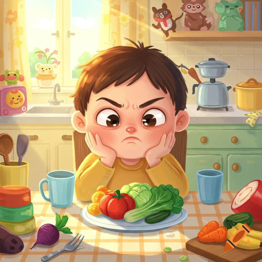 Cartoon illustration of a boy with a grumpy face sitting at a kitchen table in front of a plate of vegetables.