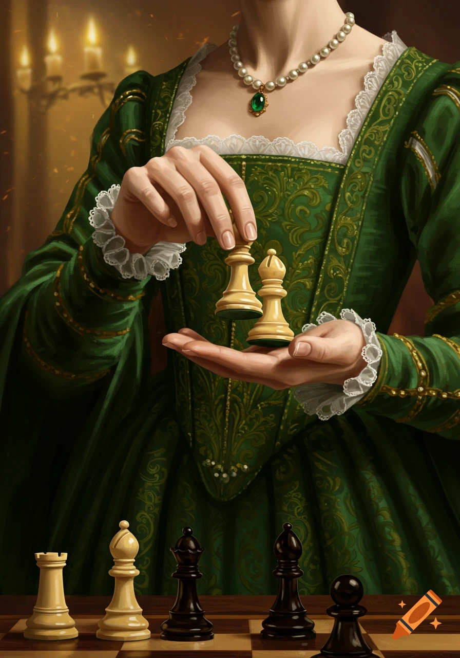A woman in a green Tudor gown holds a white queen and bishop chess piece. A chessboard with other pieces is in the foreground.