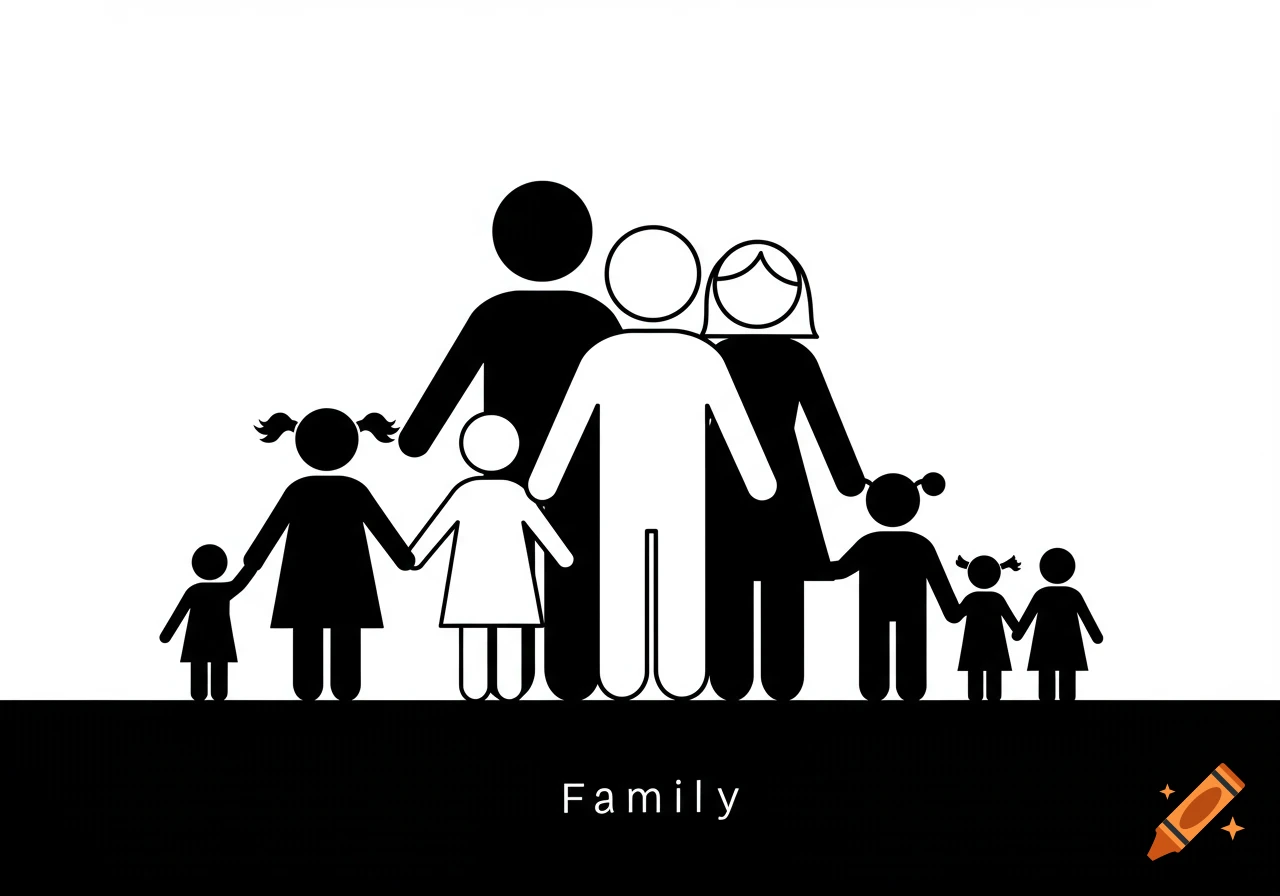 A black and white clipart illustration depicting a family of stick figures of various sizes and genders, with the word "Family" written below.