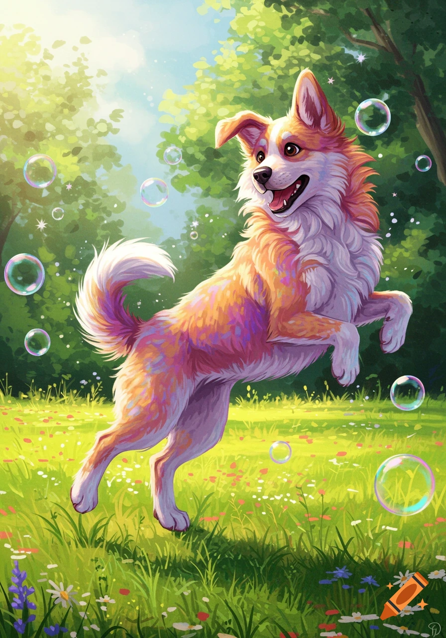 A vibrant, happy dog with orange and white fur jumps playfully in a sunny green field with floating bubbles, in an illustrative style.
