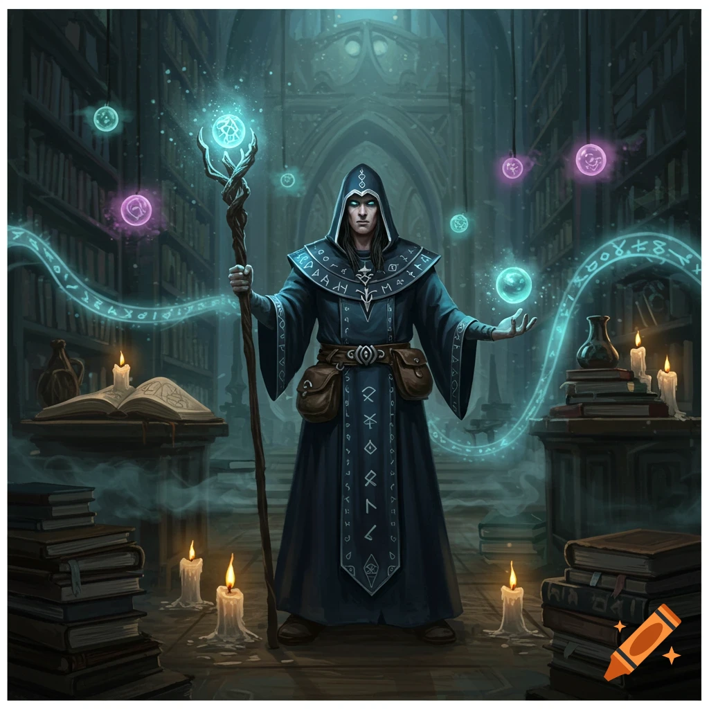 A wizard in a dark library casting spells, surrounded by glowing runes and magical orbs.