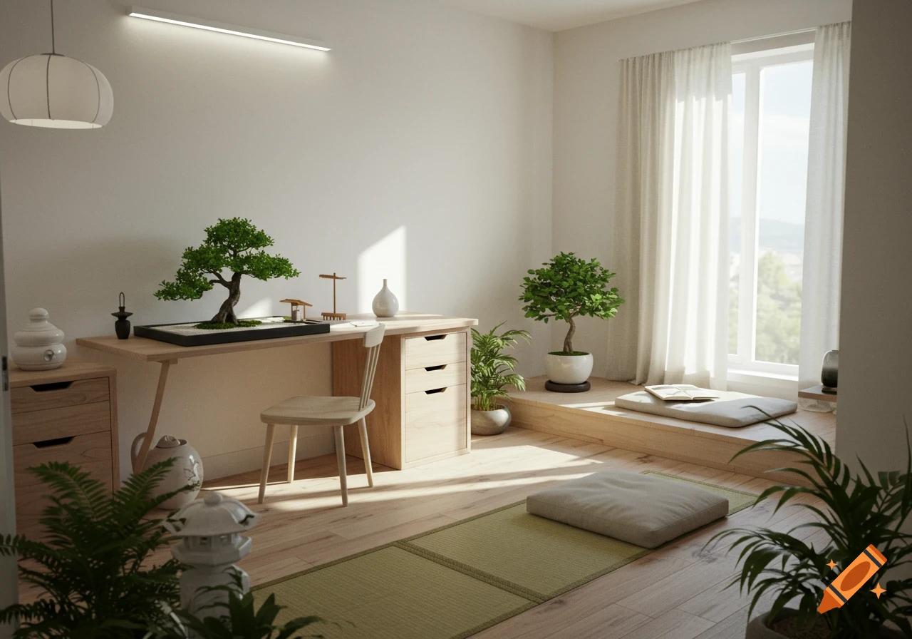 A minimalist, Japanese-inspired home office with a bonsai tree, light wood furniture, indoor plants, and a reading nook by a window.