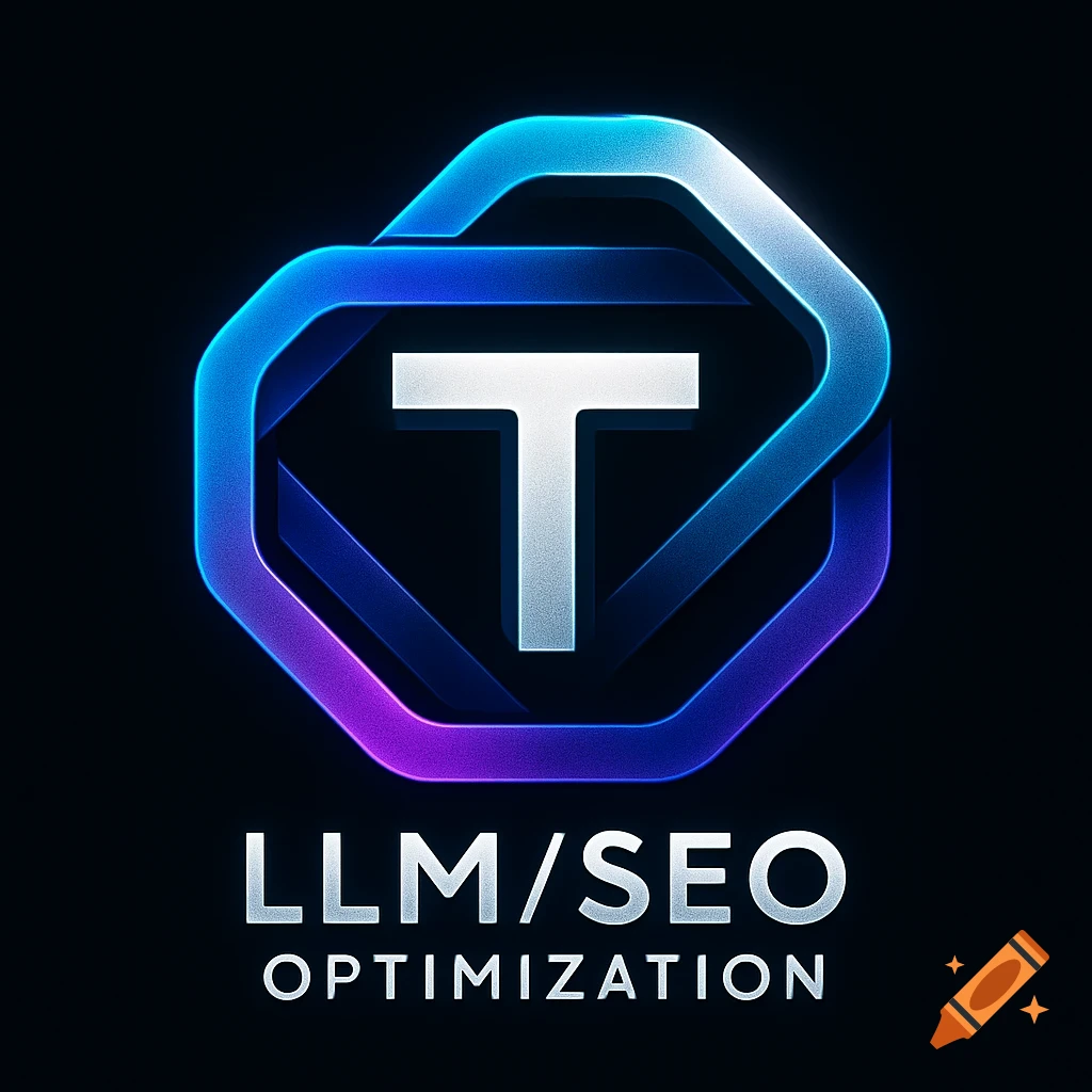 A logo with a blue and purple glowing hexagonal shape containing a white letter T, with the text LLM/SEO OPTIMIZATION below it.
