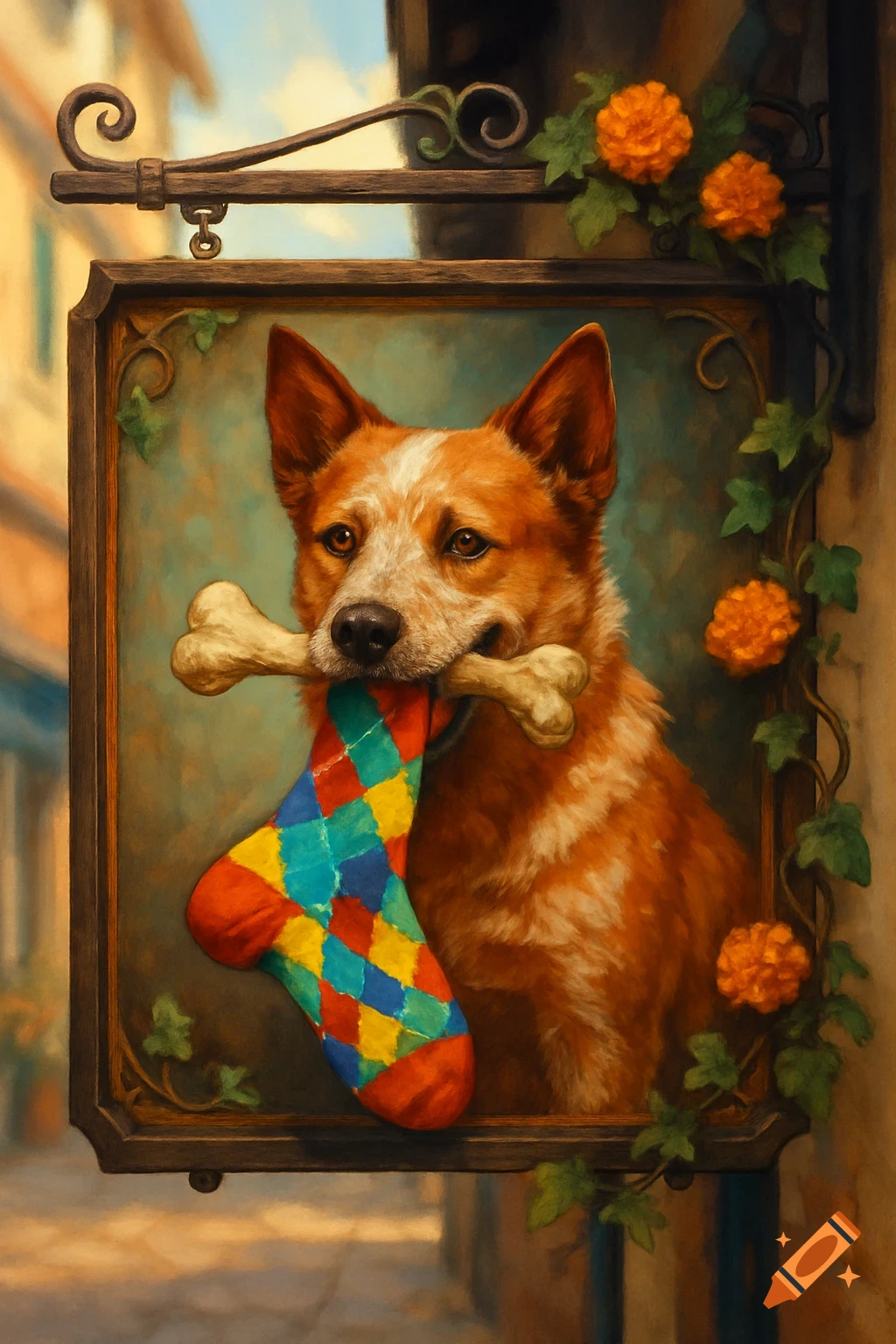 Painterly illustration of a red heeler dog on a pub sign, holding a bone and a brightly patterned sock in its mouth.