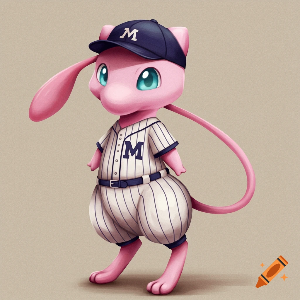 A pink Mew Pokemon wearing a navy blue baseball cap with an 'M' and a white pinstriped baseball uniform with an 'M' on the chest.