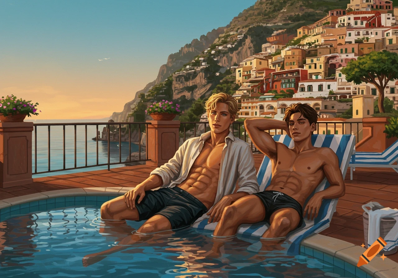 Illustration of two men by a pool, one sitting in water, the other on a lounge chair, overlooking a coastal Italian town at sunset.