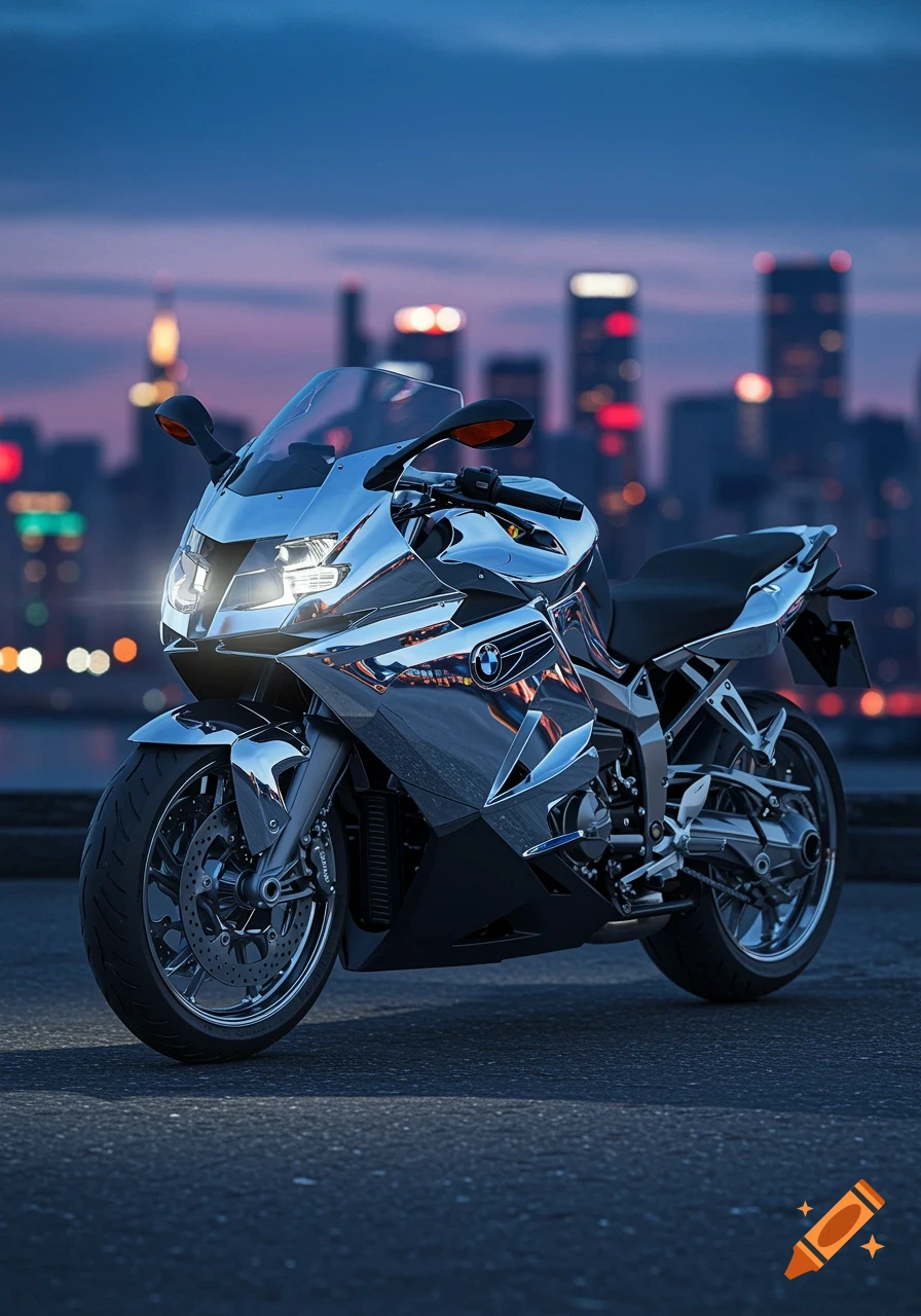 A shiny chrome-wrapped motorcycle with its headlights on, parked on asphalt with a blurred city skyline at dusk.