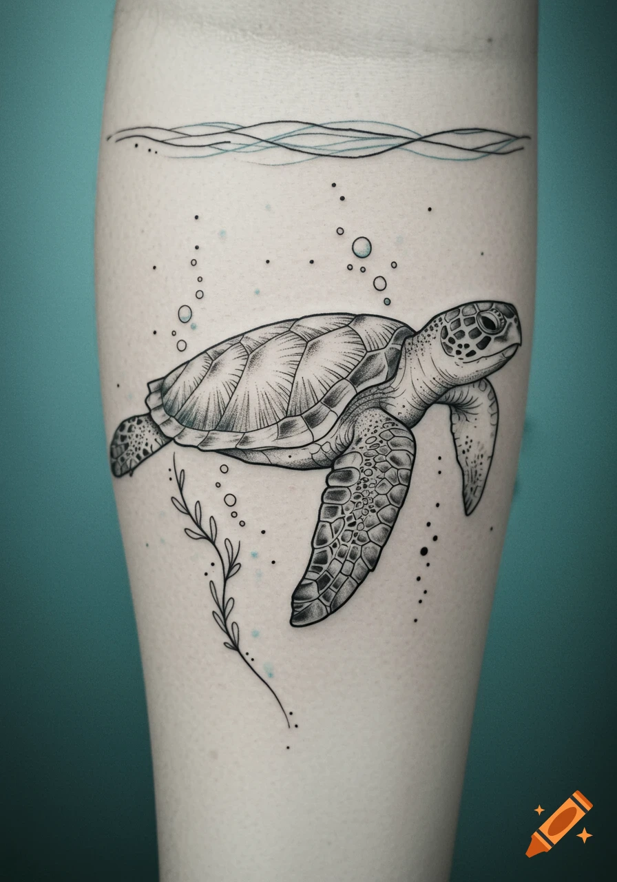 A black and white line art tattoo of a sea turtle swimming underwater with bubbles and waves.