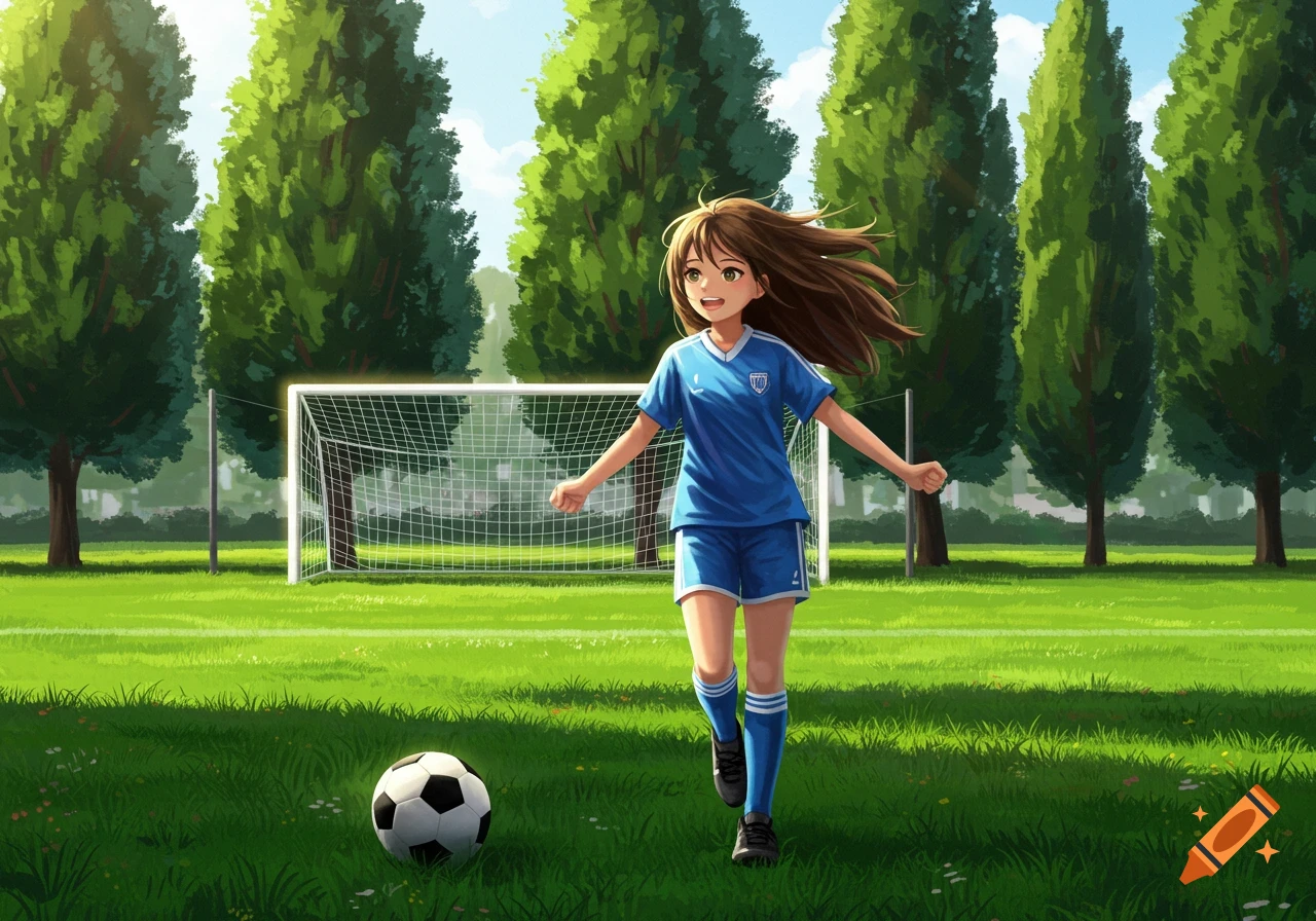 Anime illustration of a young girl in a blue soccer uniform running towards a soccer ball on a grassy field with a goal.
