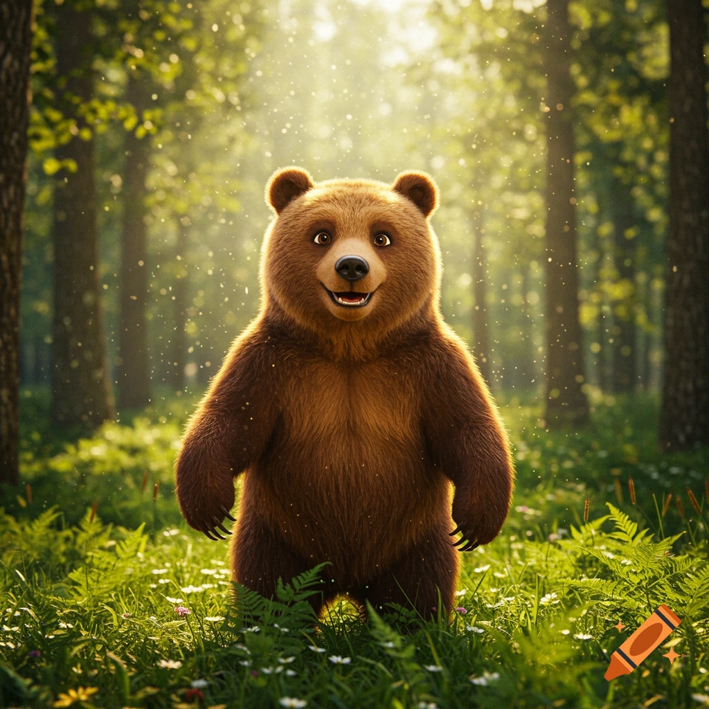 A friendly, smiling brown bear stands in a sunlit forest clearing filled with green grass and wildflowers.