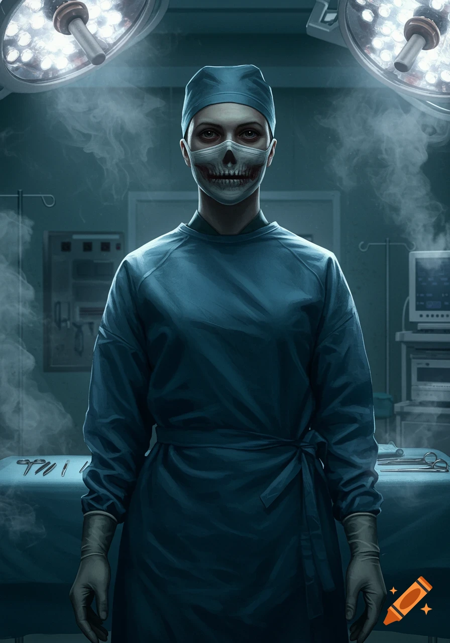 A female doctor in scrubs and a creepy skull mask stands in a dimly lit operating room under bright surgical lights.