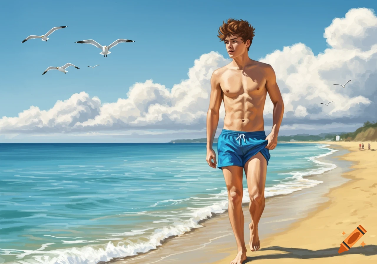 A shirtless young man in blue swim shorts walks along a sandy beach with seagulls flying in a bright blue sky. Painterly style.