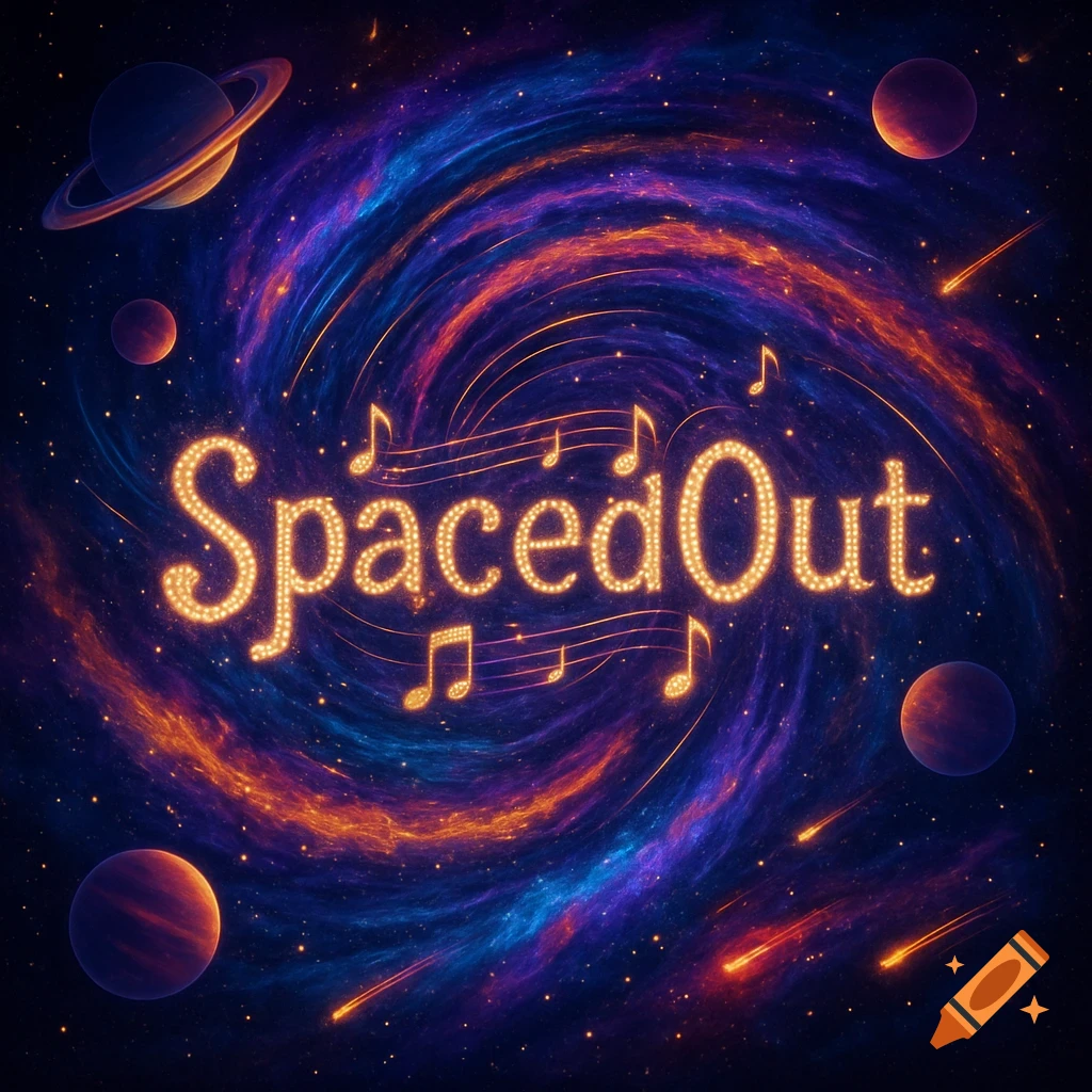 Vibrant 'SpacedOut' logo with glowing letters and musical notes, set against a swirling galaxy background with planets and comets.