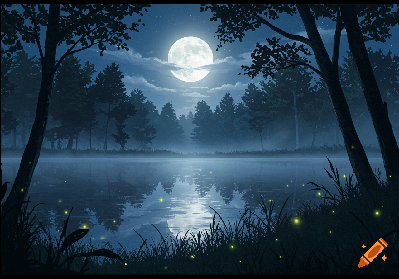Anime-style moonlit lake surrounded by dark trees and mist at night, with glowing fireflies in the foreground.