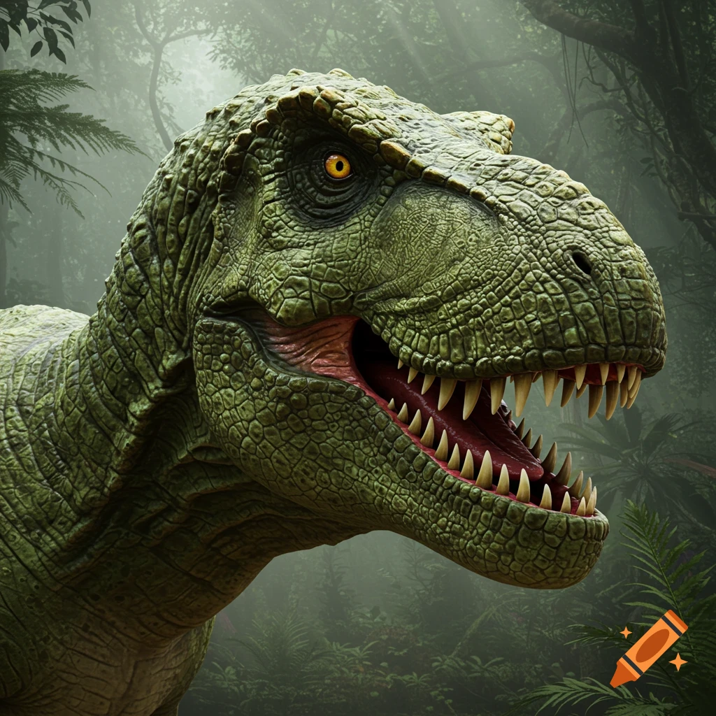 Close-up of a realistic green T-Rex head with an open mouth and sharp teeth in a misty jungle.