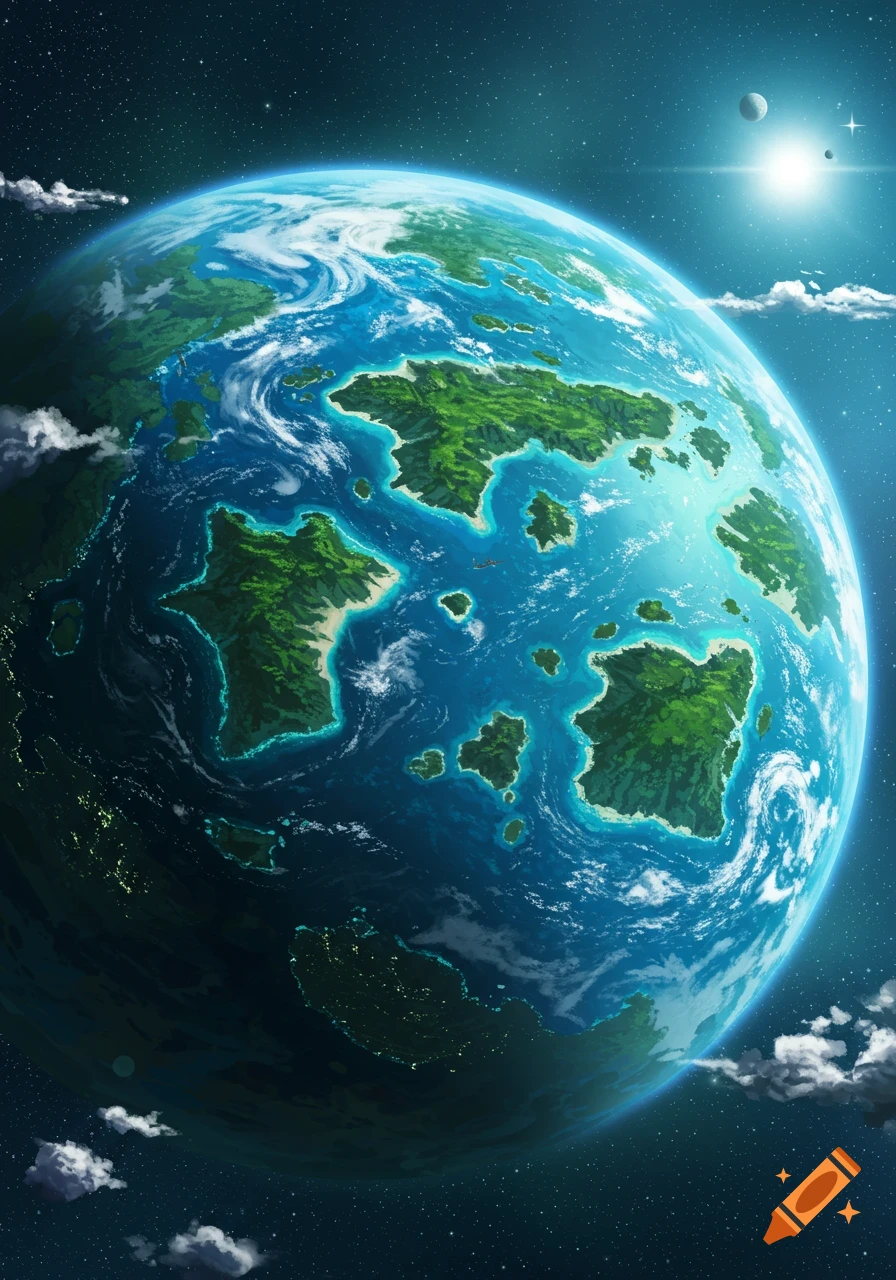 A vibrant blue and green planet with numerous islands, viewed from space, under a starry sky with a bright distant star and smaller celestial bodies.
