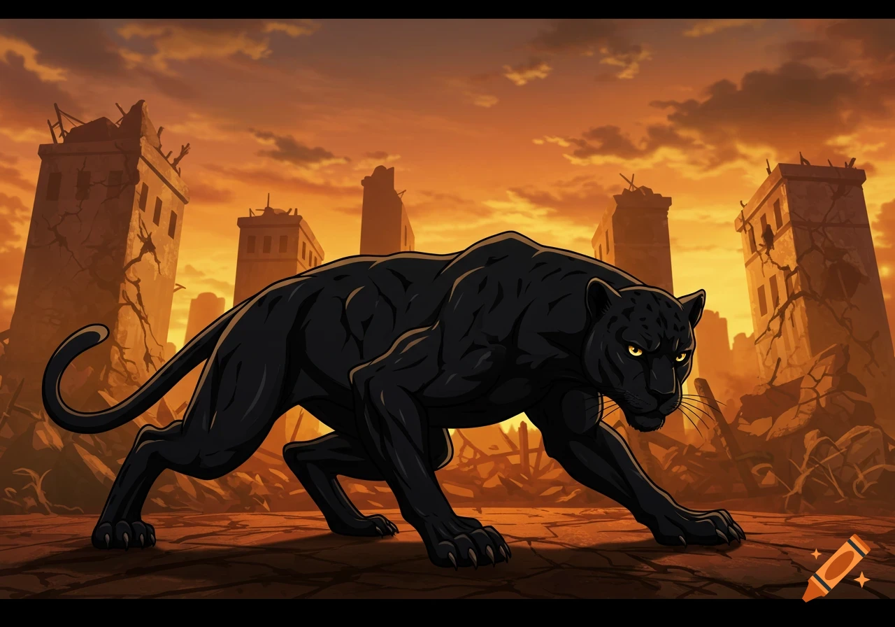 A cartoon black panther stalks through the ruins of a city under an orange sky.