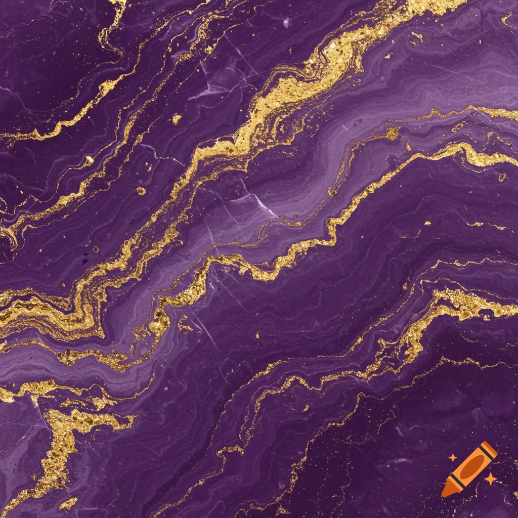 Abstract background of swirling purple marble with shimmering gold veins and speckles.