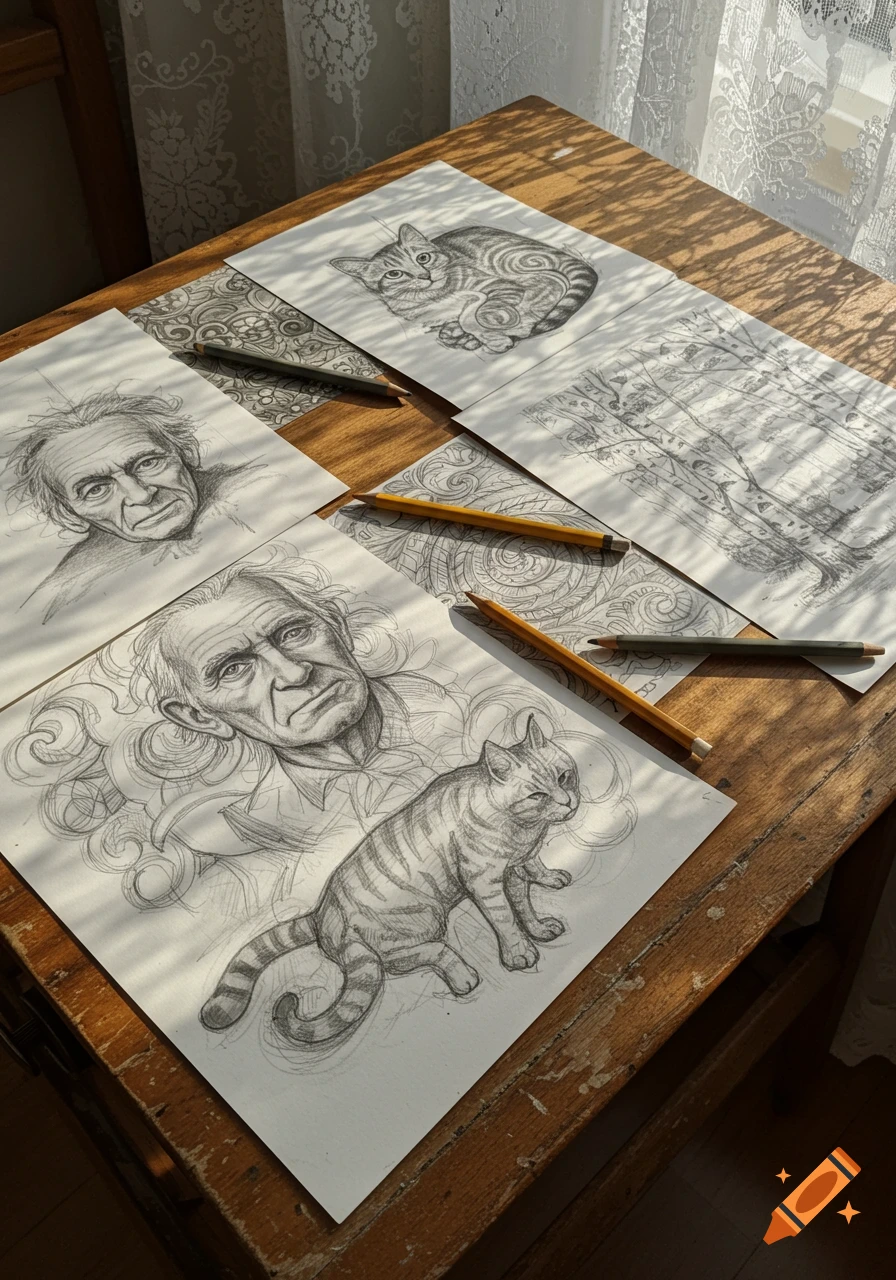 Pencil sketches of an old man and cats laid out on a wooden table, with pencils and window shadows.