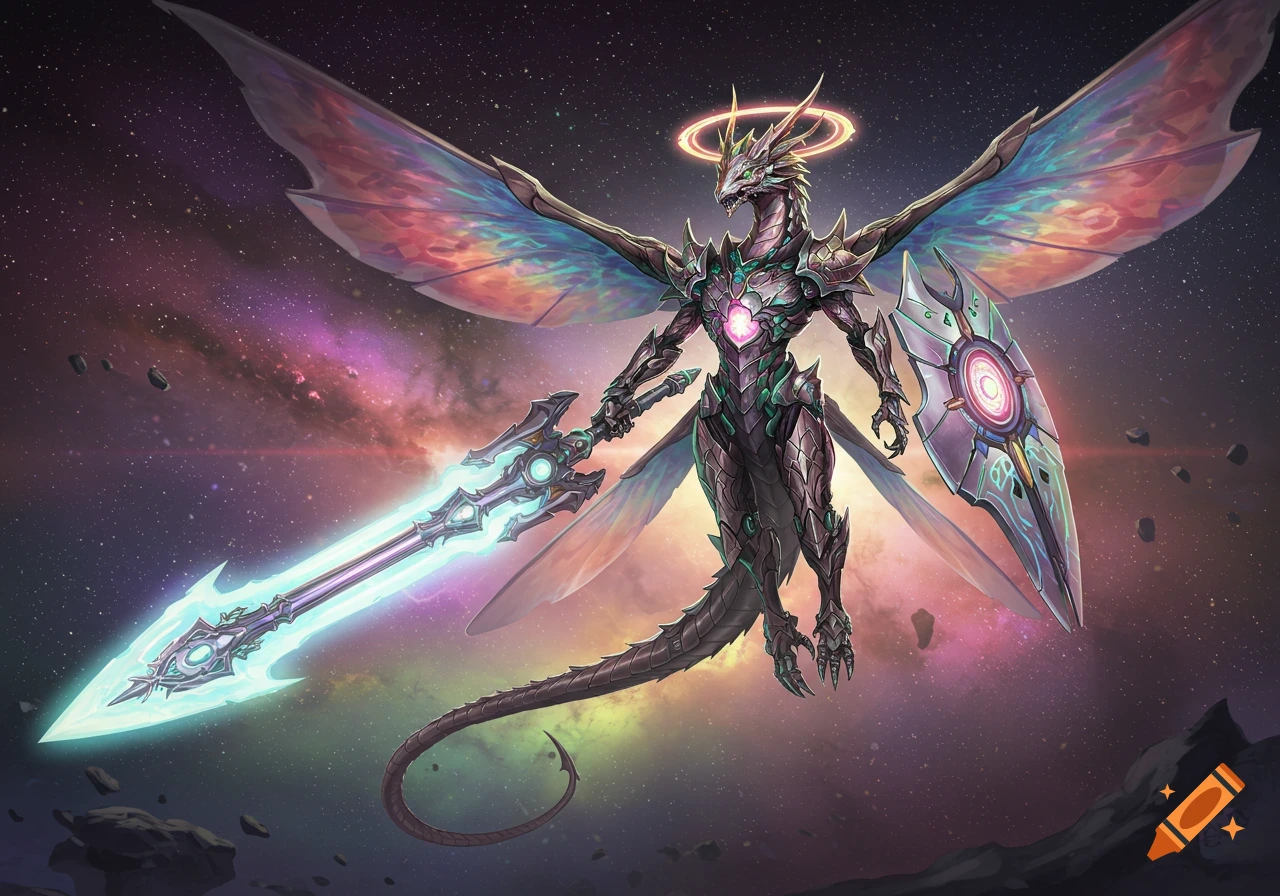 A bio-mechanical dragon with iridescent wings, holding a glowing sword and shield, floats in a cosmic nebula.