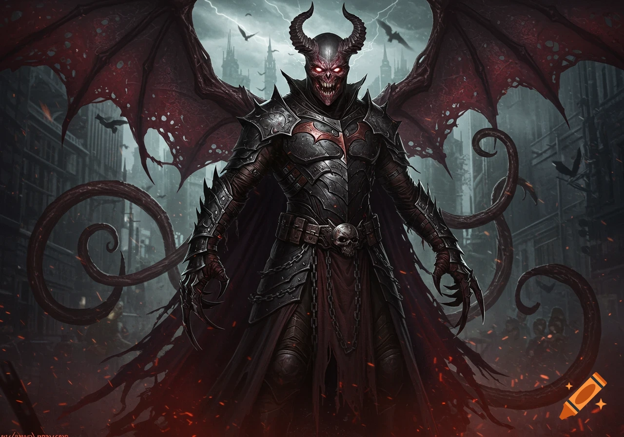 A demonic figure with horns, red eyes, and large torn wings, wearing black armor with a skull buckle, stands in a dark, ruined city under a stormy sky.