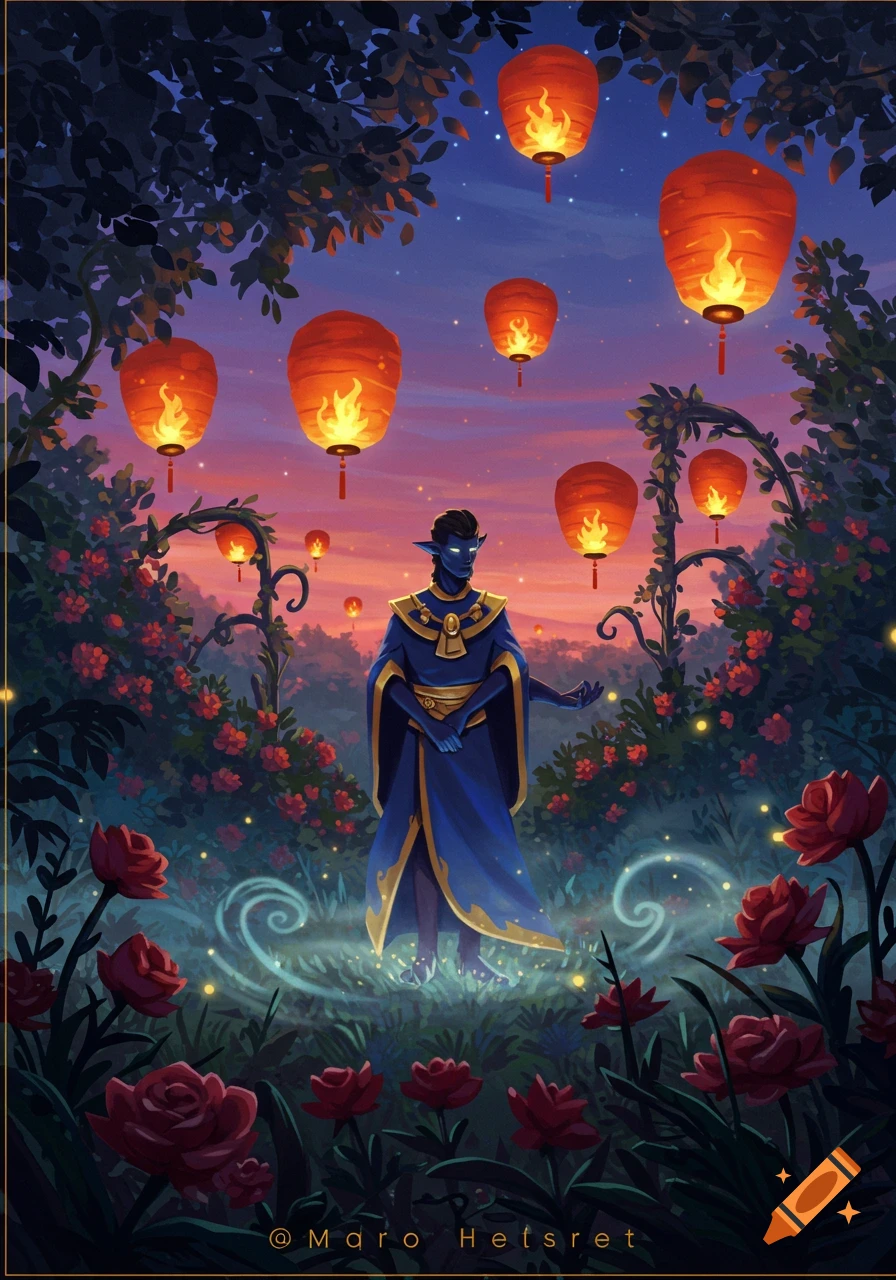 A blue-skinned elf-like character in a dark blue robe stands in a magical garden with red roses and glowing orange lanterns at dusk.