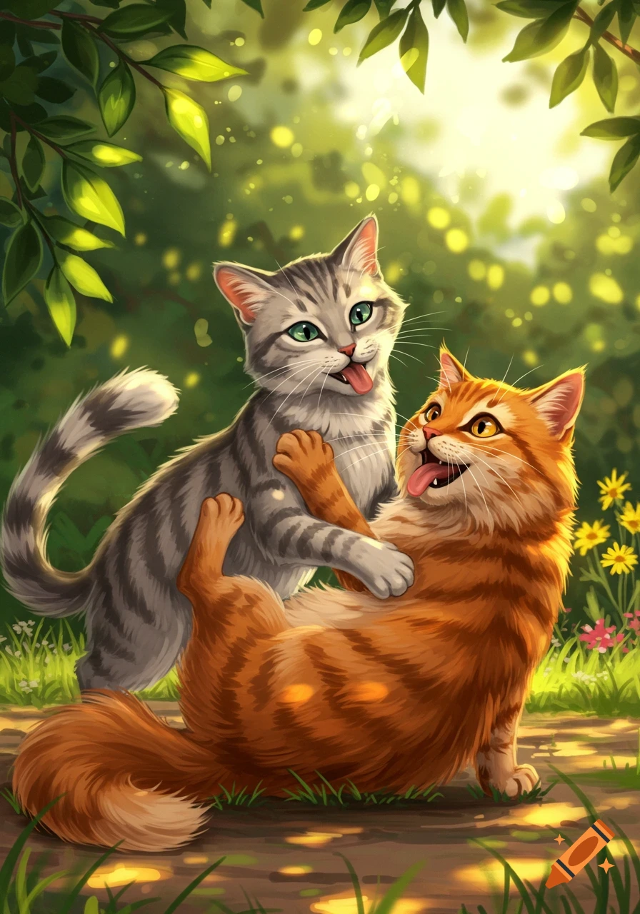 Two playful gray and orange tabby cats play-fighting on a path in a sunlit forest, both sticking out their tongues, in an illustrative style.