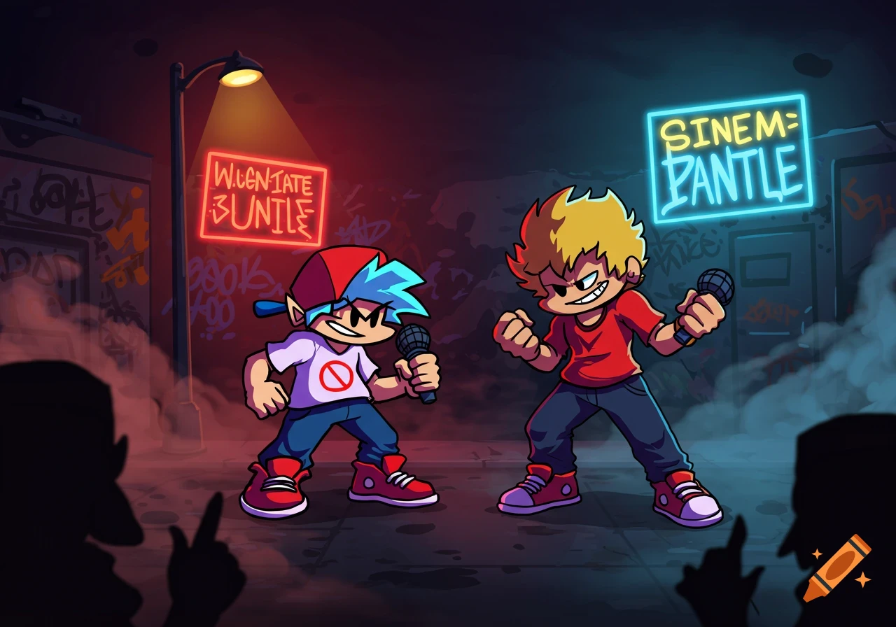 Two cartoon characters, one in a red cap and the other with spiky blonde hair, face off with microphones in a dark, graffiti-covered alley under glowing neon signs.
