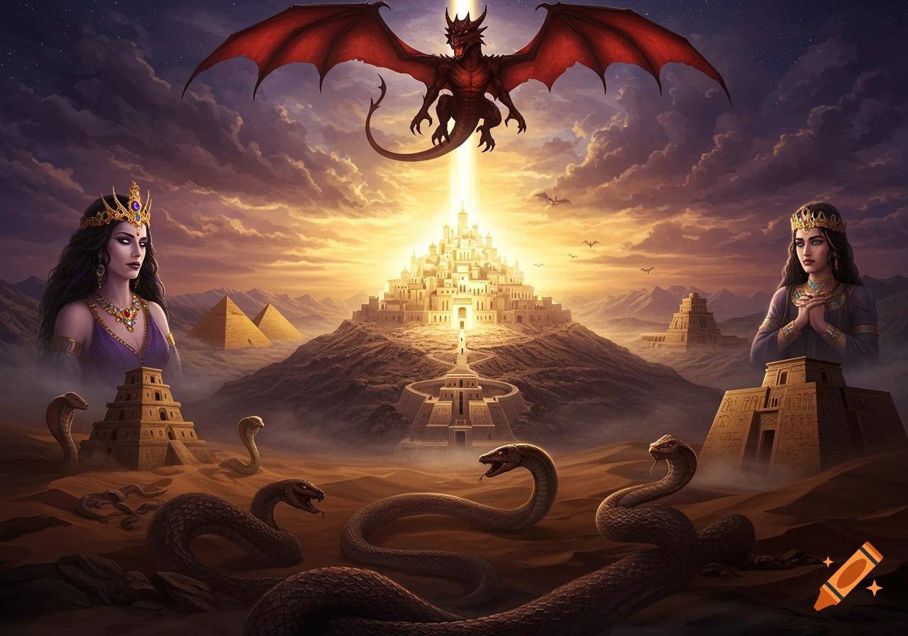 A fantasy scene with a red dragon above a glowing city, two queens, pyramids, and large snakes in a desert landscape.