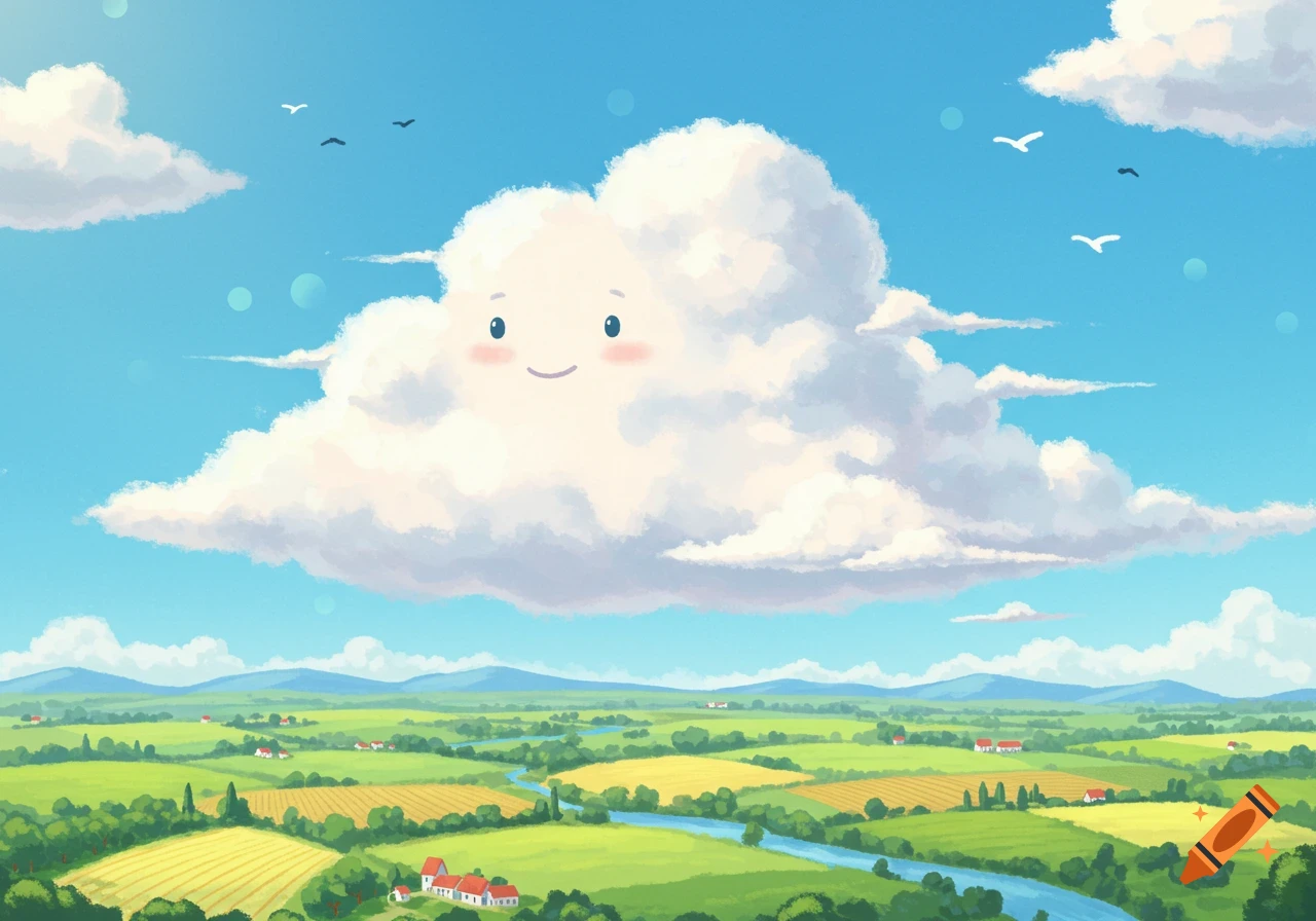 A whimsical cartoon image of a smiling white cloud floating over a vast green landscape with fields, a winding river, small houses, and distant mountains under a blue sky with birds.