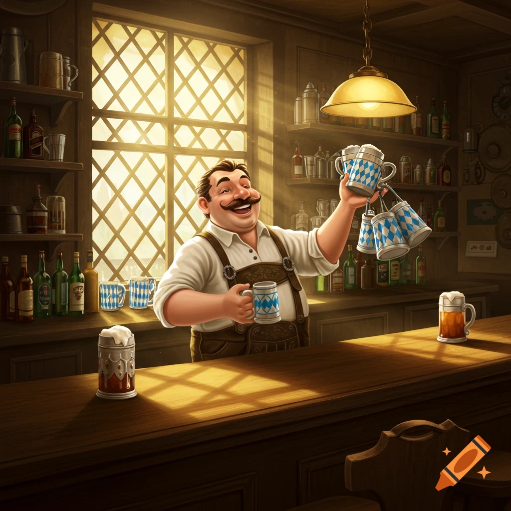 A smiling cartoon German bartender in lederhosen holds a stein and a string of four steins behind a bar in a pub.
