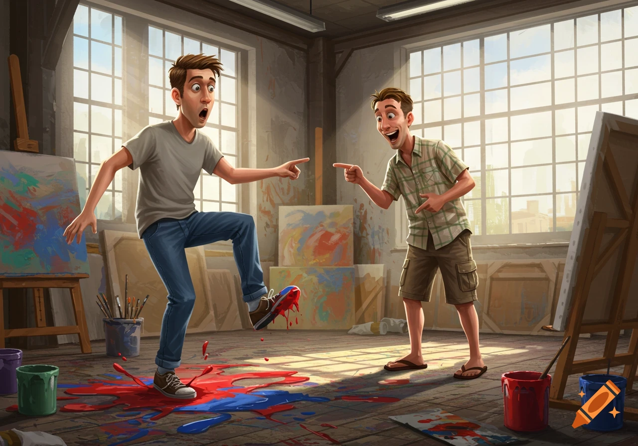 Two cartoon men in an art studio, one looks surprised after stepping in red and blue paint, while the other laughs and points at him.