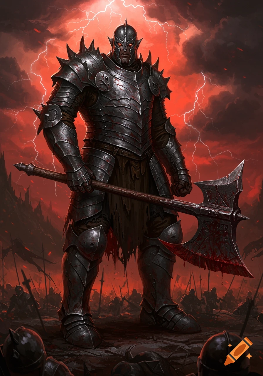 A dark fantasy warrior in spiked, blood-stained armor holds a large bloody axe under a red, lightning-filled sky.